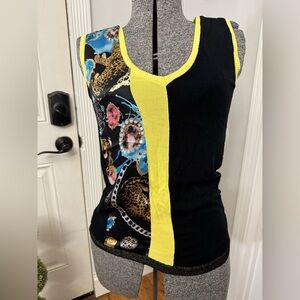 Women’s Tuka Sleeveless Black & Yellow Print Women's Tank Top Lace Back Small